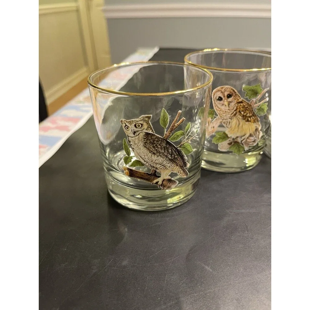 4pc MCM Owl on Branch Gold Rim Tumbler Old Fashion Glasses